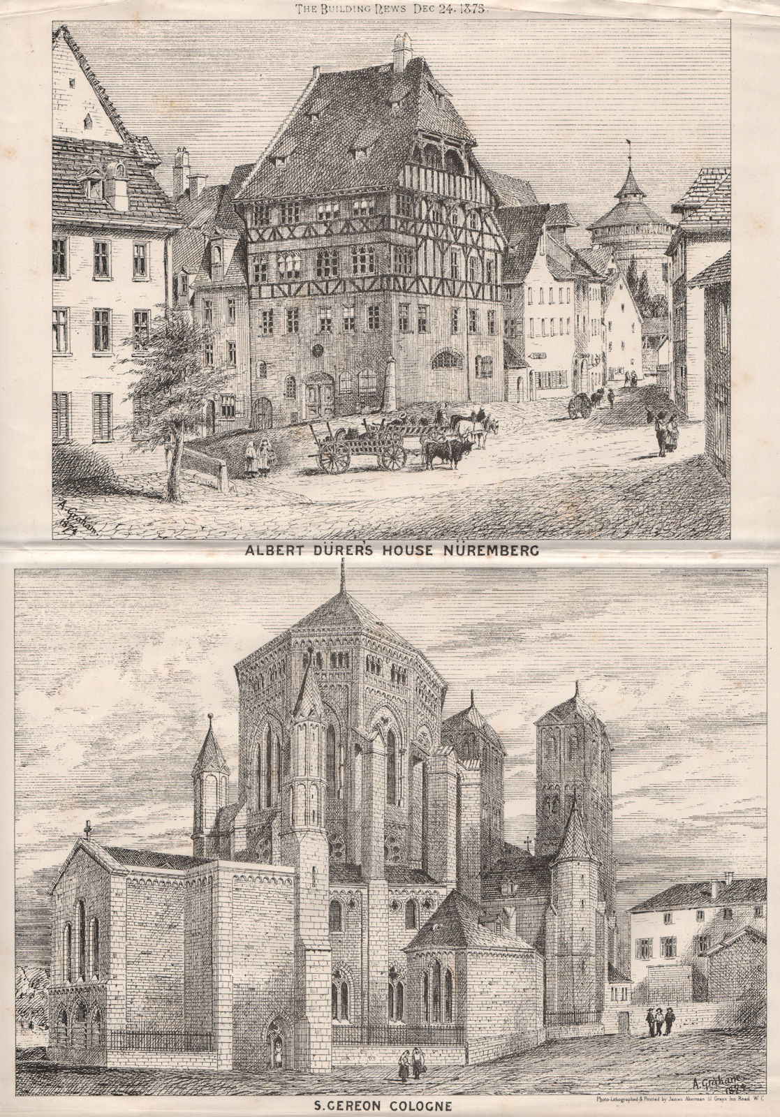 Albert Dürer's House, Nüremberg; S. Gereon Cologne. Germany 1875 old print